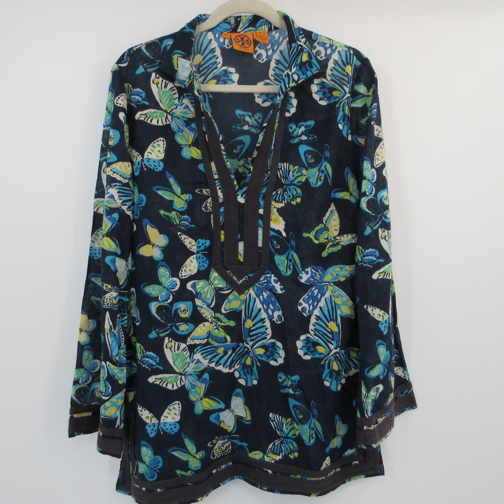 Tory Burch Navy Blue Butterfly Print Cotton Tunic Top V-Neck Size 10